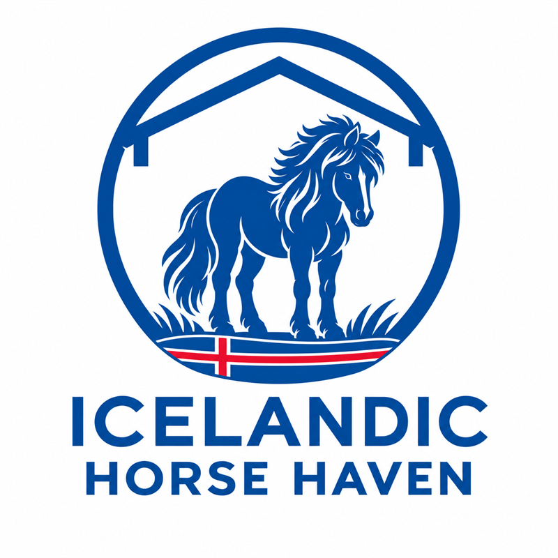 Icelandic Horse Haven logo: an Icelandic horse standing beneath a barn roof above the Icelandic flag